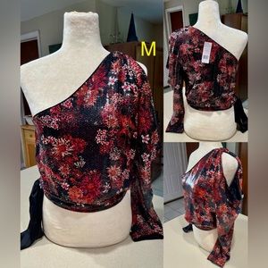 Bebe Sequin BEADED DRAGON BLOSSOMS ONE SHOULDER TOP